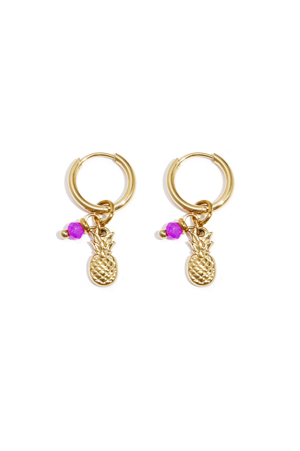 Créoles Dorées Ananas & Perle Rose Fuchsia • Collection Tropical Gold • Atelier Zolya