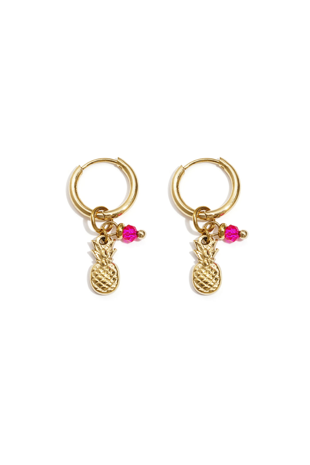Créoles Dorées Ananas & Perle Rose Fuchsia • Collection Tropical Gold • Atelier Zolya
