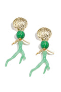 Boucles d'Oreilles Pendantes Coquillage Doré, Perle & Corail Vert • Edition Île • Atelier Zolya
