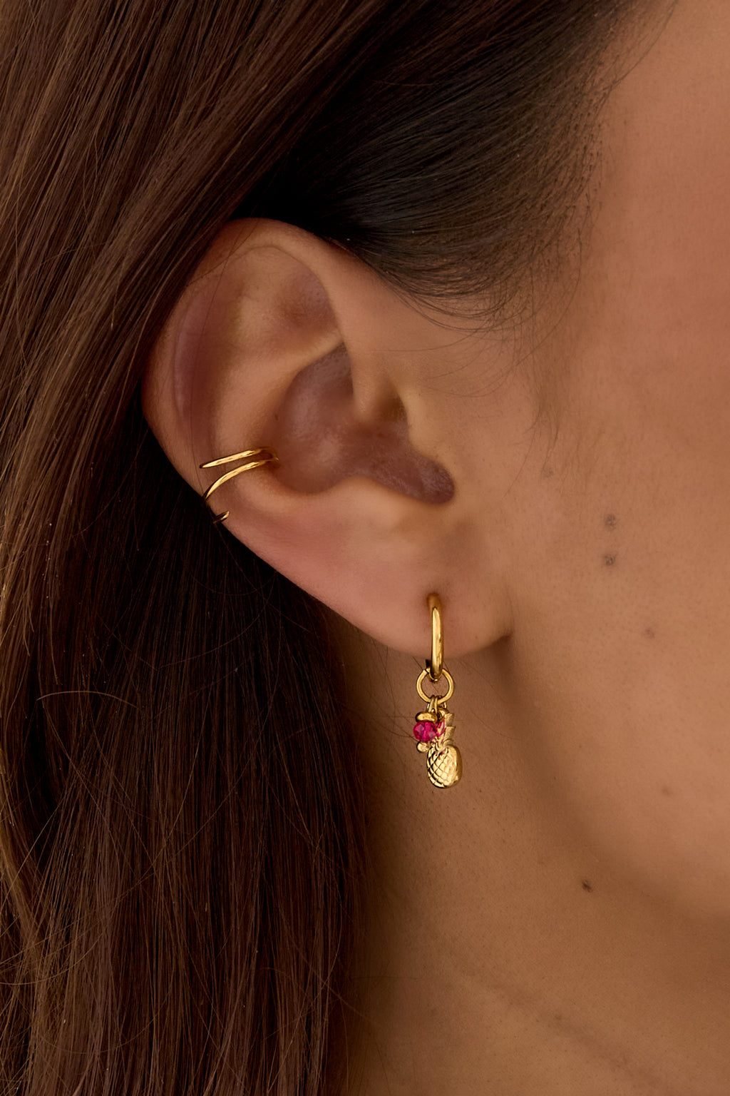Créoles Dorées Ananas & Perle Rose Fuchsia • Collection Tropical Gold • Atelier Zolya